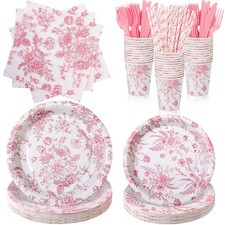 218 Pcs Floral Party Plates Pink and White Tableware Set Disposable Wildflowe...
