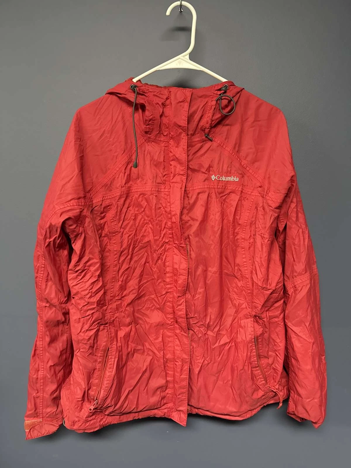 Columbia Sportswear Red Hooded Windbreaker Jacket XL Nylon Mesh Lining