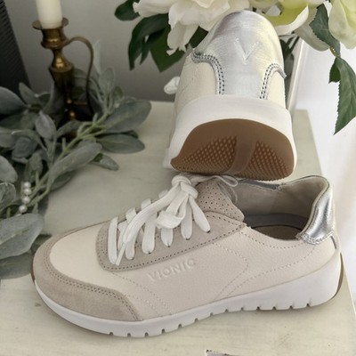 Vionic Uptown Sneaker Leather Ivory Silver Comfort Support Women s Size 6 M
