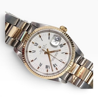 W/Service Papers Rolex Date 34 mm Two Tone White Roman Watch 15200 E Series 1990