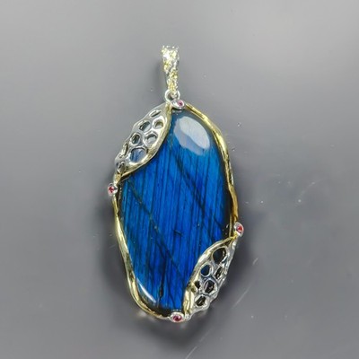 Unique gem 50 ct Natural Labradorite Pendant 925 Sterling Silver /NP56920
