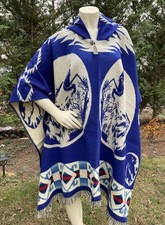 Alpaca Wool Poncho, Native Wolf, Blue, Unisex, Cape, Hooded With Wooden Buttons