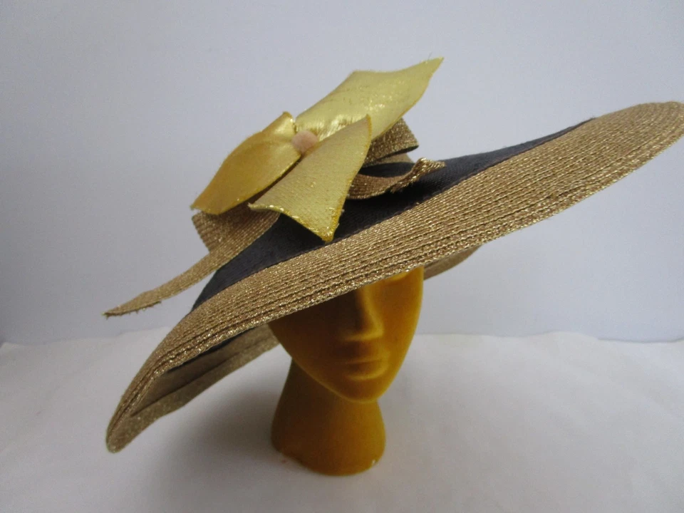 Jack McConnell Parasisal Fine Straw Hat Wide Brim Navy Gold Lurex Church Wedding - Image 2 of 4