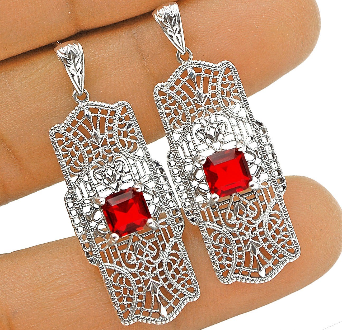 2CT Natural Fire Garnet 925 Solid Sterling Silver Filigree Earrings NU1-3