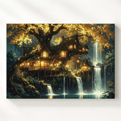 Enchanted Forest Village Canvasglowing Tree Homes And Waterfalls Wall Art