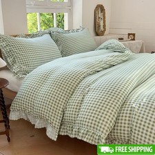 Vintage Gingham Duvet Cover Set Queen Soft Microfiber Ruffled Bedding 3 Pieces