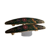Vintage Cloisonn  Hair Barrette Clip Gree Floral Enamel Ornate Set Of 2