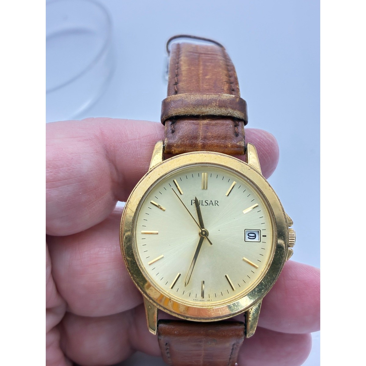 Pulsar V742-X004 Gold Tone Date Watch Brown Leather Dakota Strap
