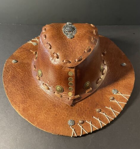 Hat Leather Biker,Hippie Style Vintage Rustic Finished - Picture 3 of 7