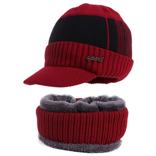 Winter Men Warm Hat Knit Visor Beanie Fleece Lined Billed Beanie with Brim Caps - Picture 14 of 15