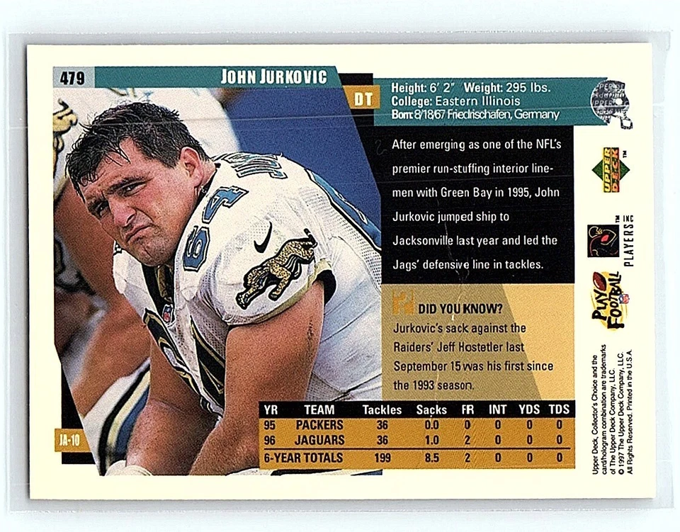 1997 Collector's Choice John Jurkovic Jacksonville Jaguars #479 - Image 2 of 2