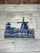 Delft Blauw (Blue)Hand Painted Tile -Made In Holland-6”-Signed-Windmill