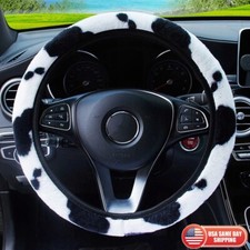 Universal Black Cute Fluffy Plush Cow Car Steering Wheel Cover Lady Women Gift