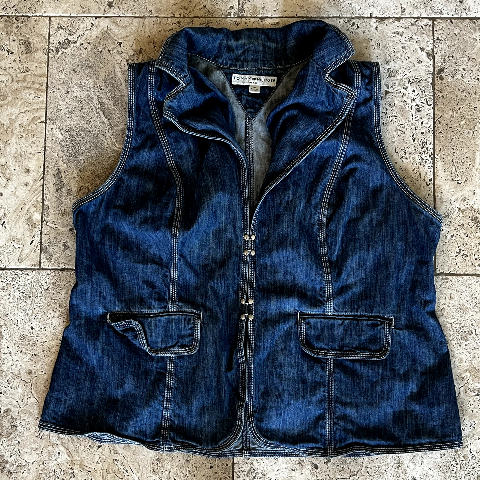 VINTAGE Tommy Hilfiger Vest Womans 16 Oversized Denim Jean Blue 90s Fishing