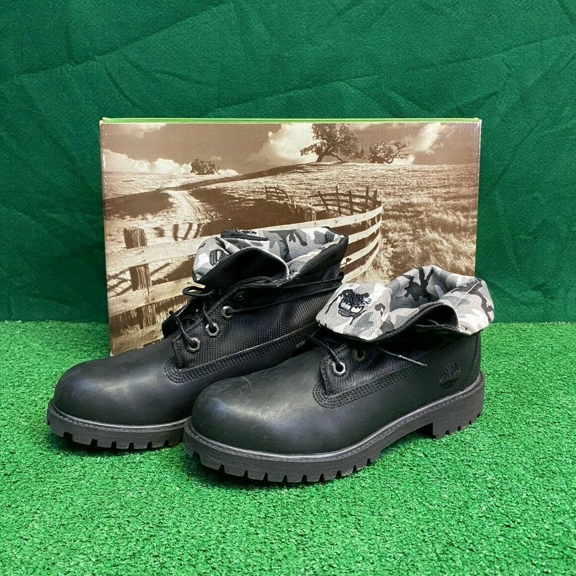 Timberland Black Leather Boy s Roll Top Camo Boot Sz 4 5.5 W