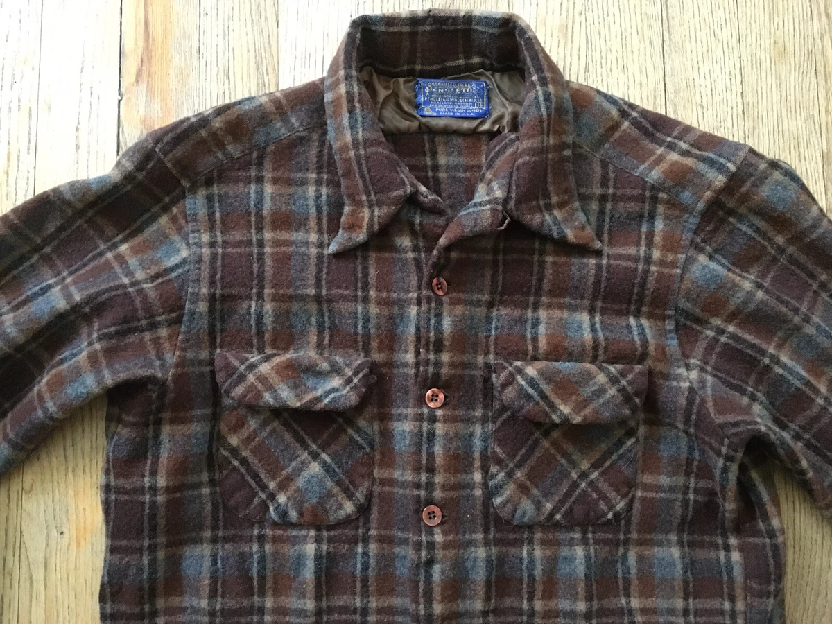 VTG 50s Pendleton Loop Collar Wool Board Shirt, Plaid Chocolate Brown, XS to Sm