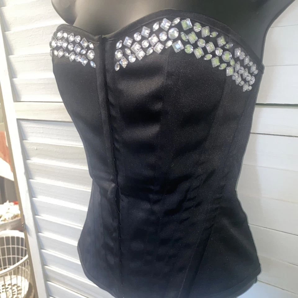 Corsé Bustier Charlotte Russe Negro Satinado Estrás Sin Tirantes Talla S Foto 3 de 4