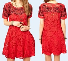 FREE PEOPLE Beautiful Dreamer Red Lace Short Sleeve Dress Size Small