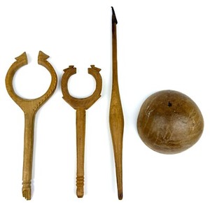 Antique Spinning Tool Lot Wooden Distaffs Grinding Bowl Textile Spindle