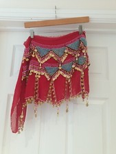 BELLY DANCING Skirt Red With Gold, Pink  Blue Sequins Wrap Around UK Size Small