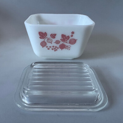 Vintage Pyrex Rosa Weiß Stachelbeere 501 B 11/2 Tasse Kühlschrank Geschirr Glas mit Deckel
