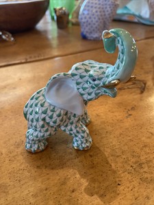 Porcelain Herend Green Fishnet Elephant Figurine - Trunk Up