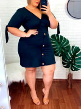 WOMEN PLUS SIZE BLACK V NECK HALF SLEEVE TEA DRESS ( ONE SIZE PLUS )