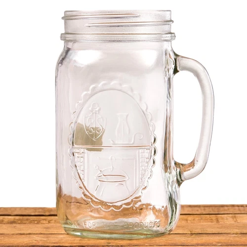 Mason Jar Drinking Mug 32oz Clear Glass Handle Country Hearth VTG Large Stein