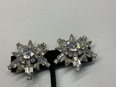 VTG SIGNED WEISS SILVER TONE CLEAR RHINESTONE HUGE STARBURST CLIP EARRINGS -NEW!