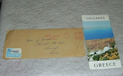 OLYMPIC AIRWAYS COMET 4B STICKER AND POSTMARK on ENVELOPE 3 MAY 1962 & LEAFLET