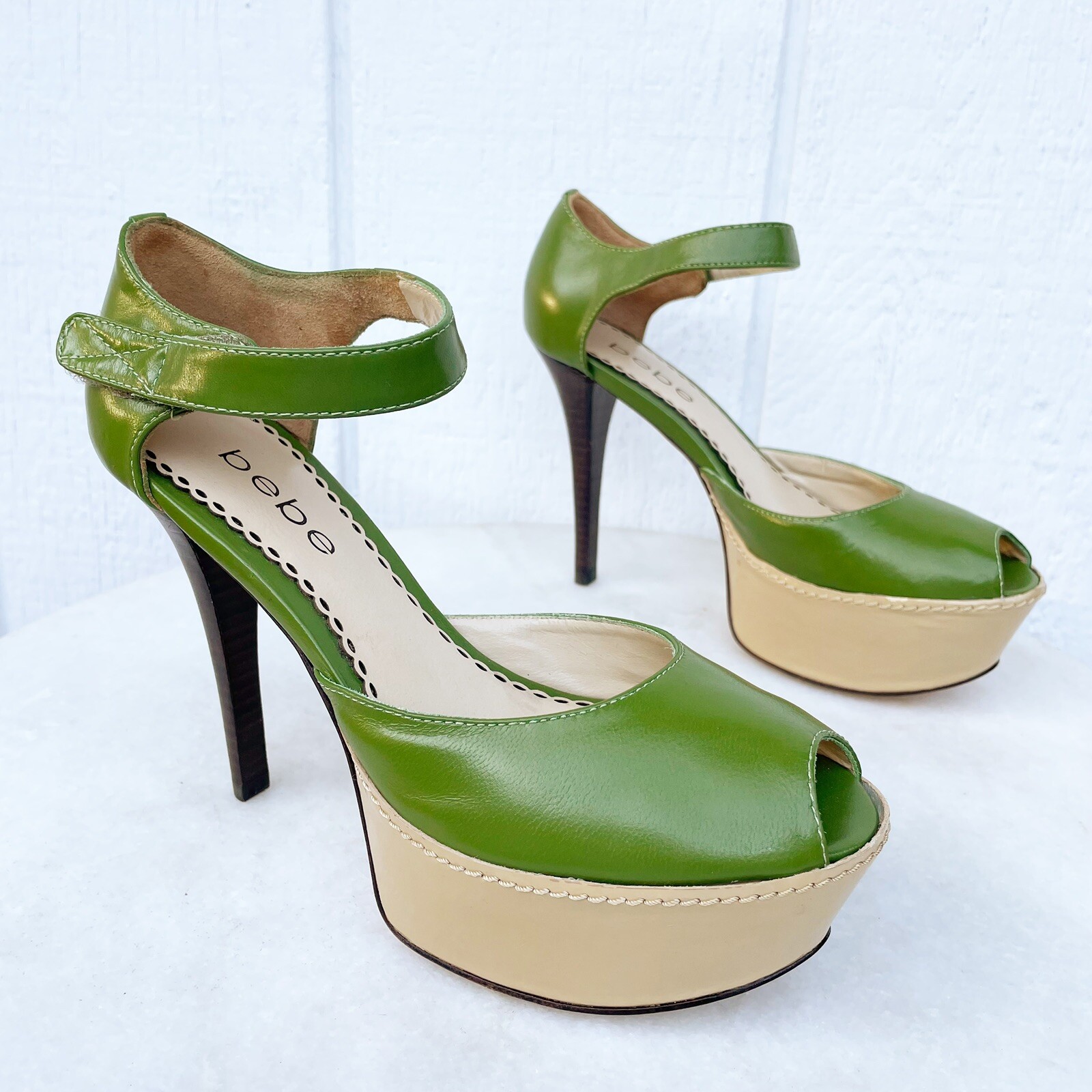 Bebe Green Leather Peep Toe Platform Stiletto Pum… - image 3