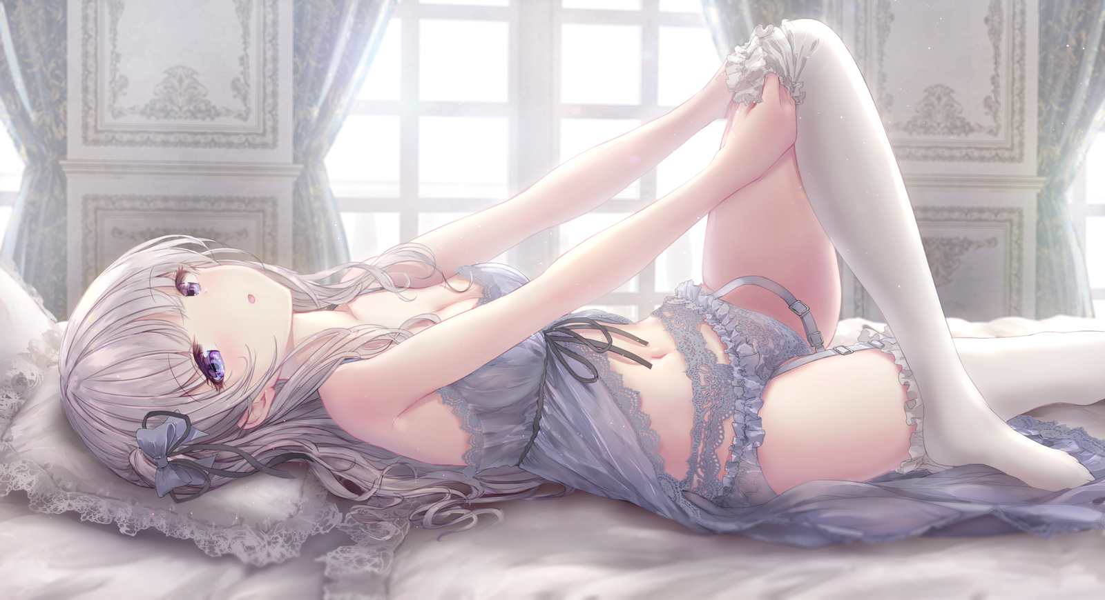 anime-girls-lingerie-stockings-blue-eyes-silver-hair-playmat-game-mat
