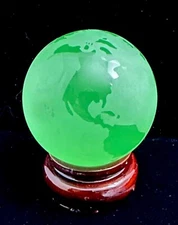 Polished Jade Globe with Etched Continents on Wood Stand & in Satin Lined Box