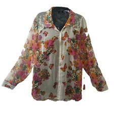 Contemporary Style Signature Studio Sz L Floral Semi Sheer Blouse Long-Sleeve