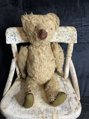 Antique Golden Mohiar Fully Jointed Teddy Bear 18" Glass Eyes Straw Filled Plush