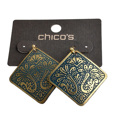 Chicos Vala Earrings Exotic Brass Square Blue Floral Dangle 1 3/4'' NWT