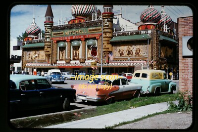 Cars at Corn Palace, Mitchell, South Dakota in 1955, Kodachrome Slide h2b