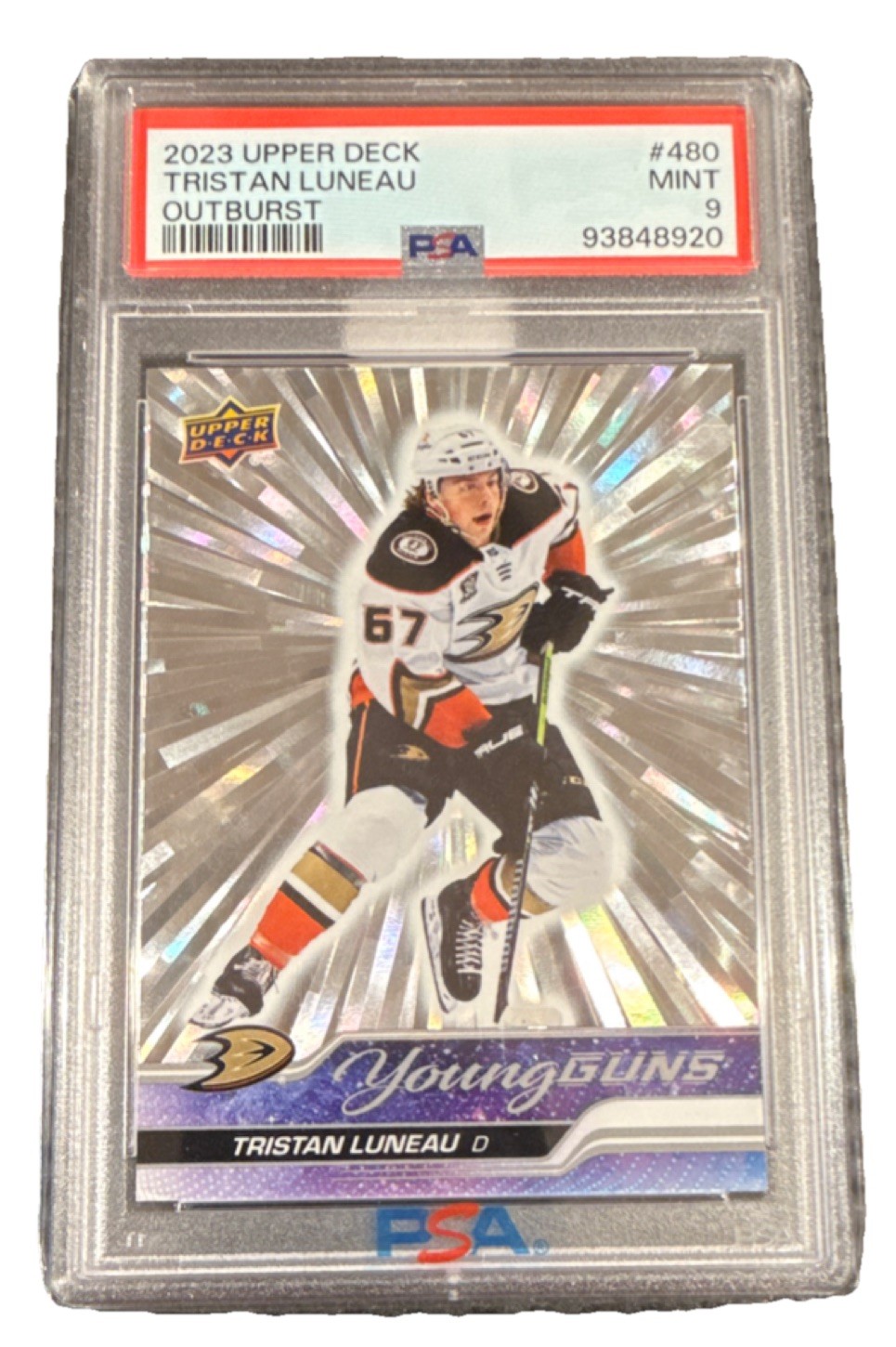 Upper Deck 2023-24 Series 2 Young Guns Tristan Luneau #480 Outburst PSA 9 Ducks