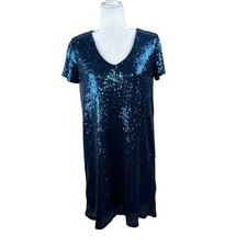 Melrose and Market Blue Sequined V-Neck Short Sleeve Mini Shift Dress Small NWOT