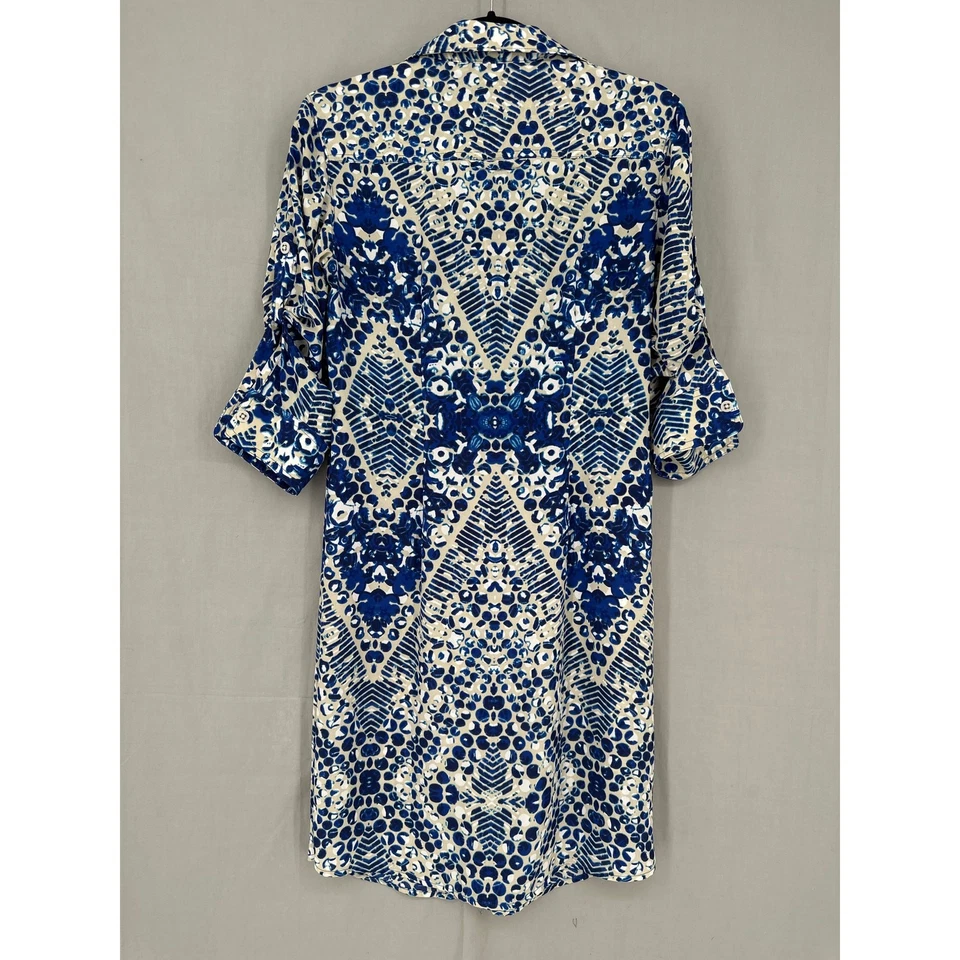 Cabi Dress Womens Small Blue Shirtdress Mini Jewel Print Artsy Abstract Roll Tab - Image 3 of 4