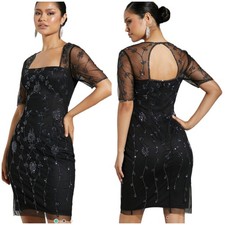 Adrianna Papell NWT Broad Neck Mesh Sequin Detail Dress Size 8 Black Gunmetal