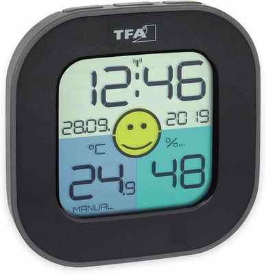 TFA Dostmann Digitales Thermo-Hygrometer FUN, inkl Funkuhr mit Datum, Smiley