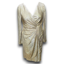 Adrianna Papell Metallic Gold Sequin Cocktail Dress Sz 10 FREE SHIP Long Sleeve