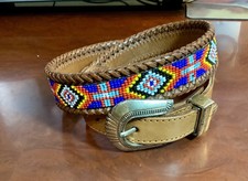 Vintage 90's Women Beaded Western Leather Belt Sz 30 Aztec Native American Rodeo