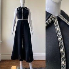 Vintage S Jumpsuit 70s Wide Leg Dagger Collar Metallic Mod Vicky Vaughn Vguc