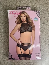 Seven Til Midnight 2pc Bra Panty Set Black Halter  And Garter One Size