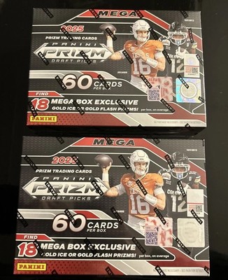 (2) Two 2025 Prizm Draft Picks Football Mega Box Factory Sealed Gold Ice & Flash