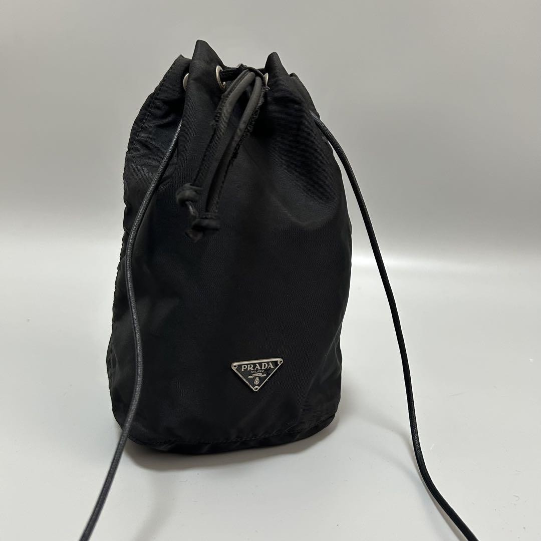 Prada Black Drawstring Shoulder Bag with Triangle Logo Plate