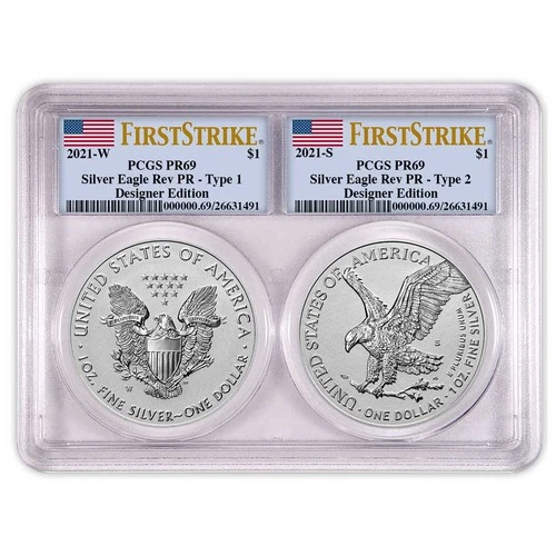 2021 Reverse Proof $1 American Silver Eagle Designer 2pc Set PCGS PR69 FS Flag