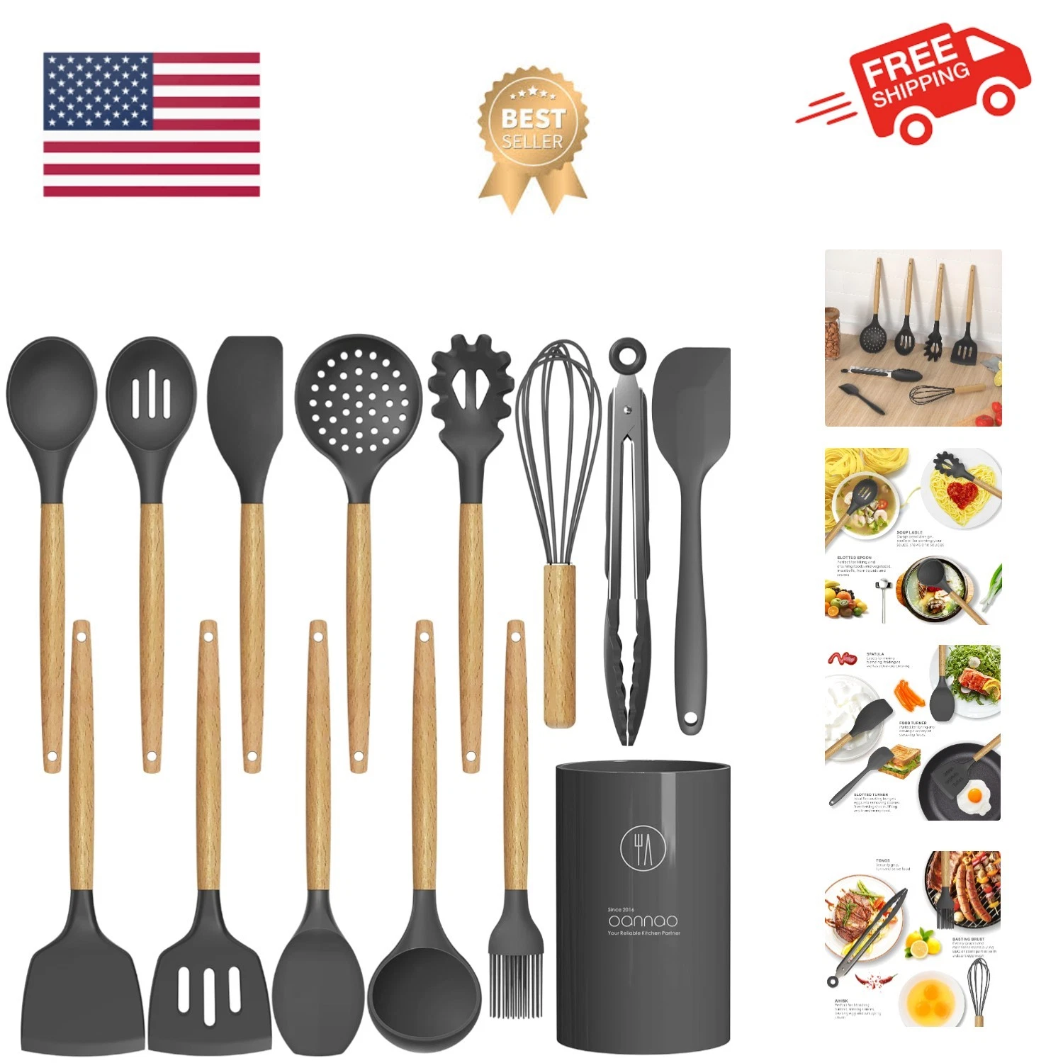 Silicone Cooking Utensils Kitchen Utensil Set - 446°F Heat Resistant Silicone...